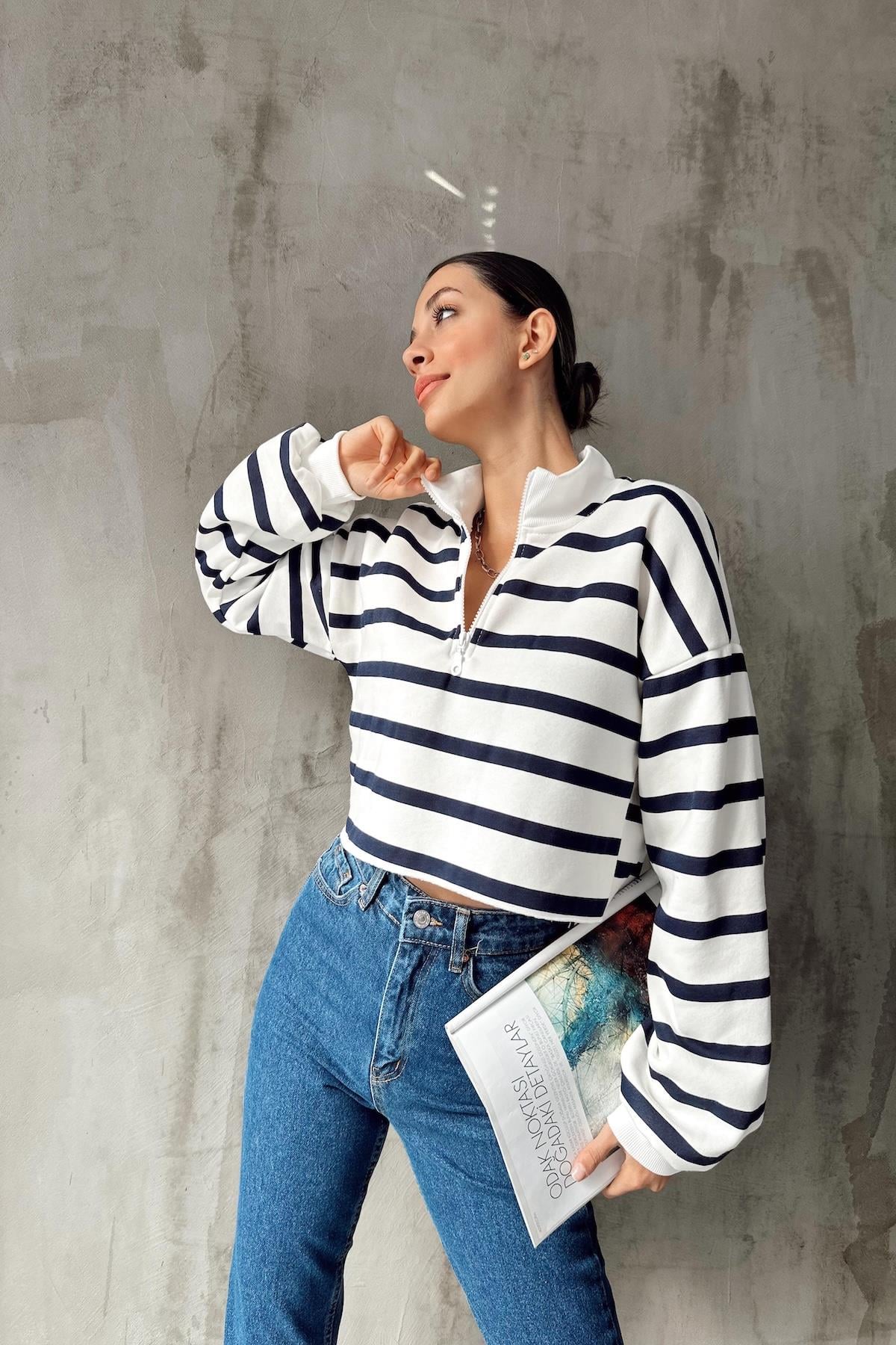 Yarım Fermuar Çizgili Sweatshirt Lacivert