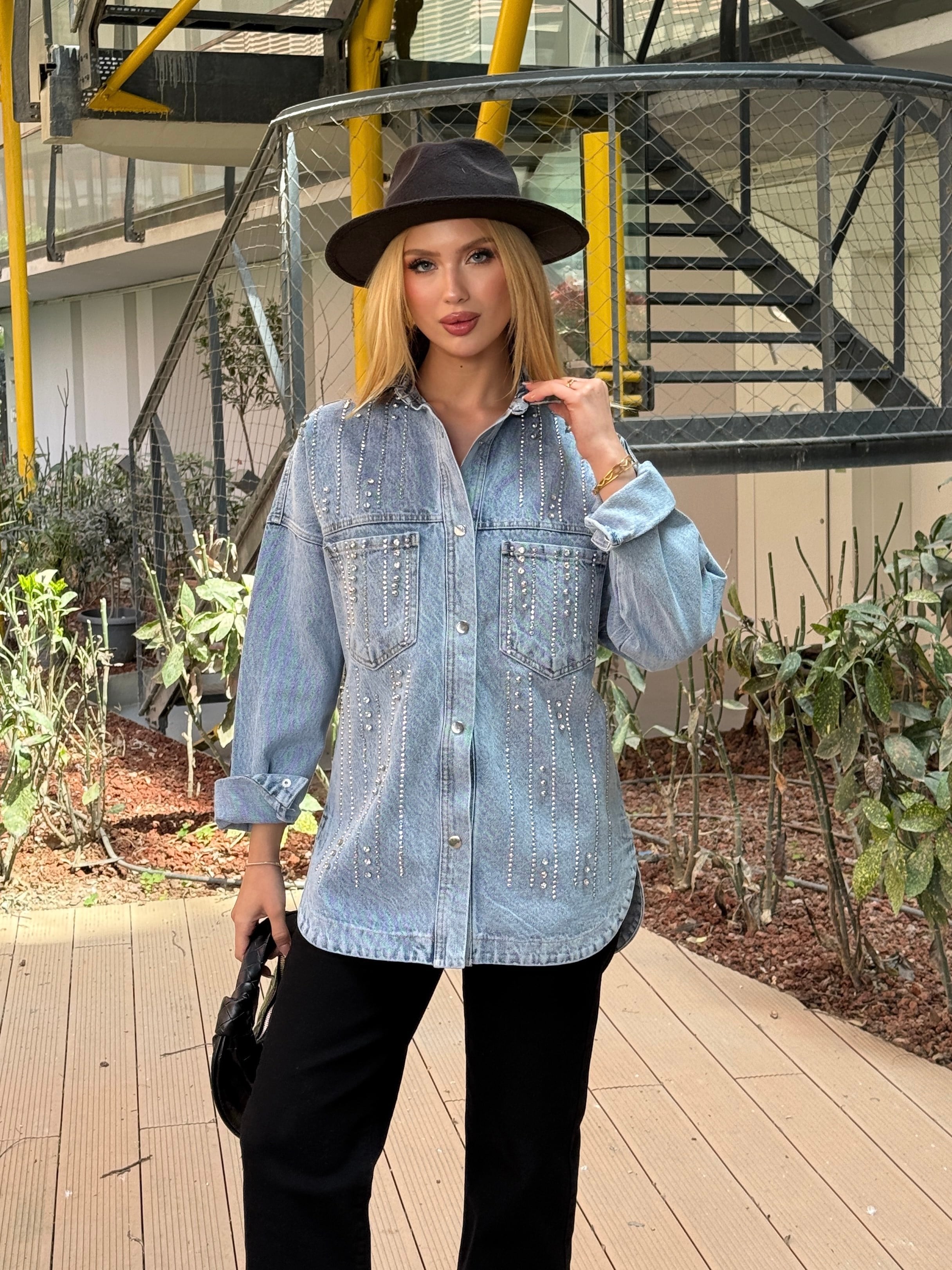 Ön Çizgi Taşlı Jean Ceket Mavi