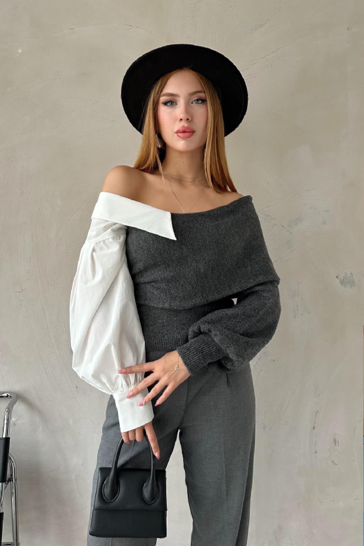 Yaka Detaylı Triko Kazak Antrasit 