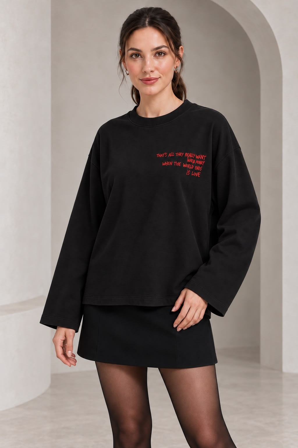 Kalın Penye Yazılı Sweatshirt Siyah