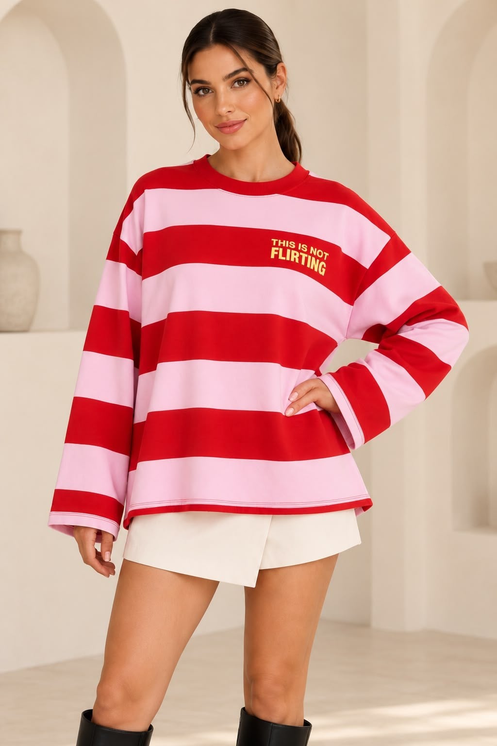 Geniş Çizgili Yazılı Sweatshirt Kırmızı