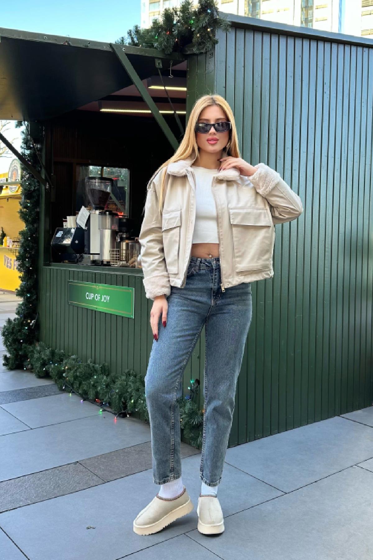 Körüklü Cep Deri Mont Bej