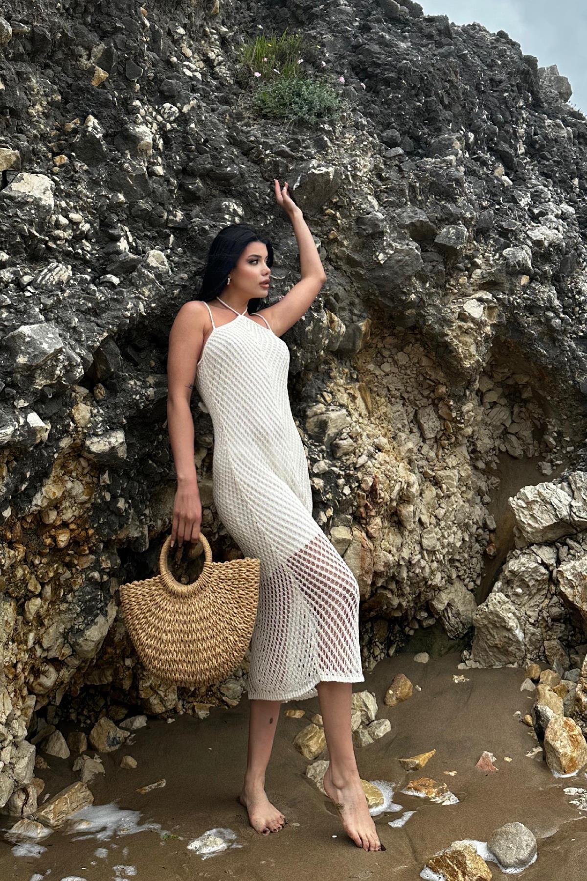 Dlv Askılı Ajurlu Triko Elbise Ekru