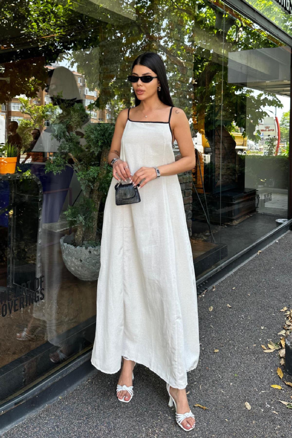 Askılı Uzun Keten Elbise Bej