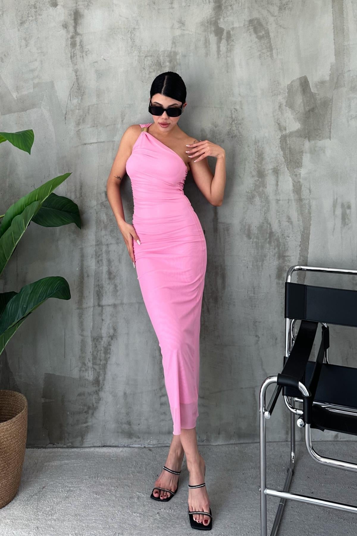 Tek Kollu Uzun Elbise Pembe