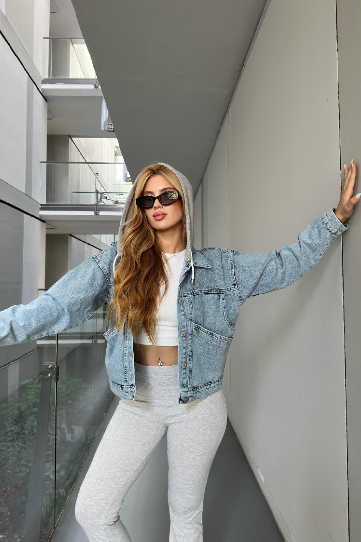 Kapüşonlu Denim Ceket Mavi