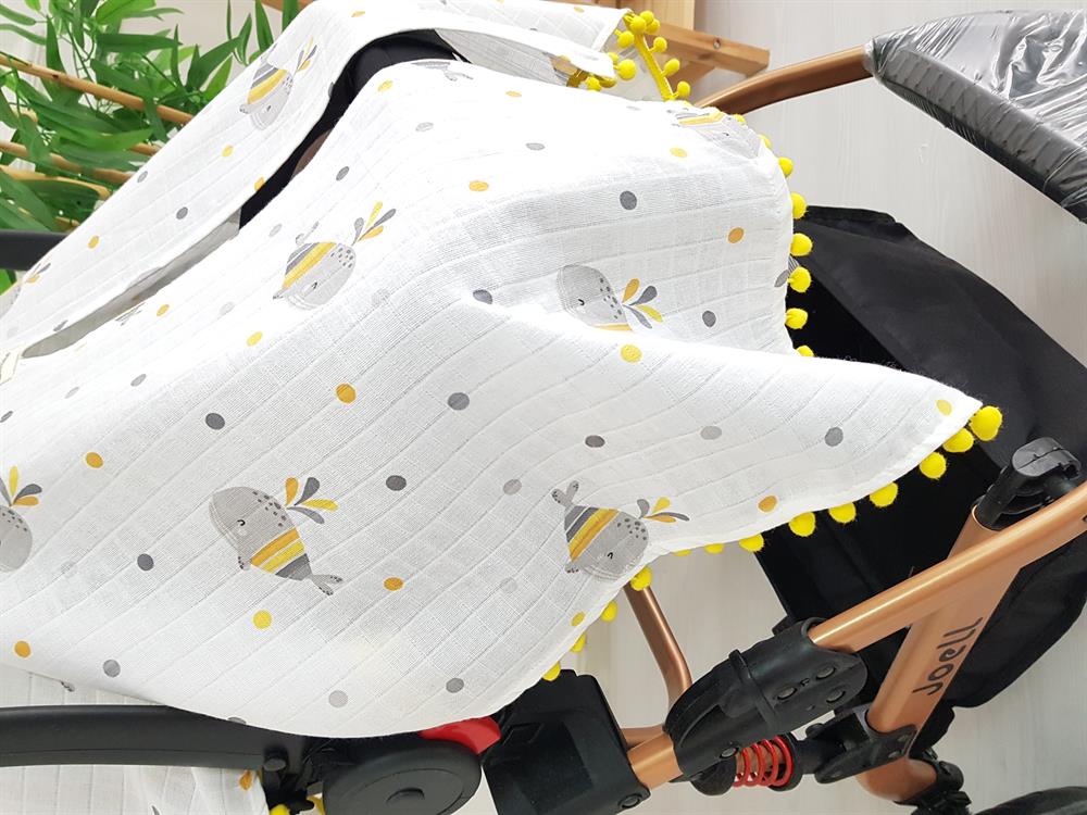 Balinalı Ponponlu Bebek Puset Örtüsü