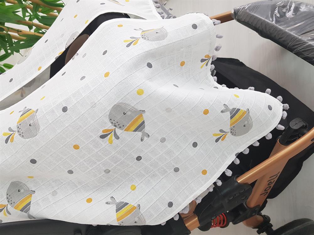 Balinalı Ponponlu Bebek Puset Örtüsü