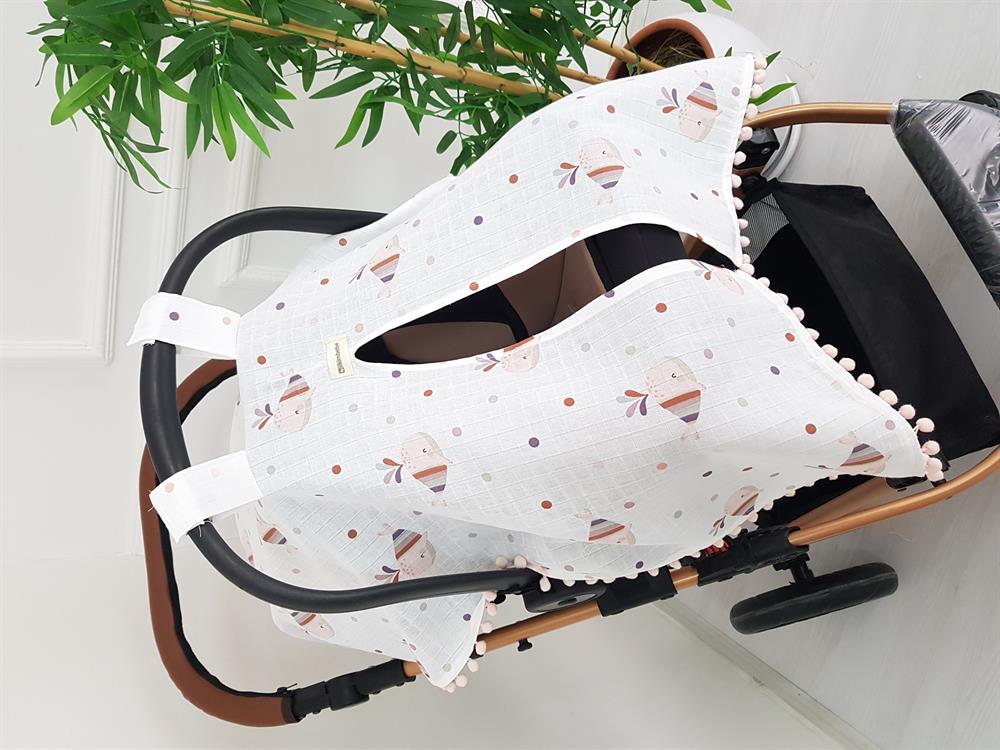 Balinalı Ponponlu Bebek Puset Örtüsü