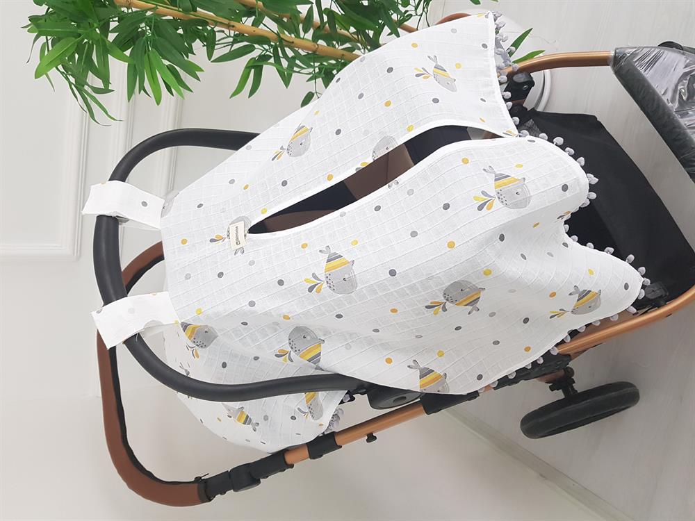 Balinalı Ponponlu Bebek Puset Örtüsü