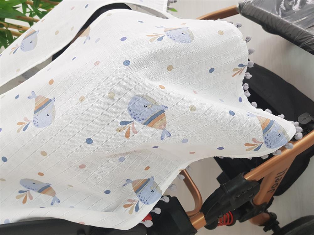 Balinalı Ponponlu Bebek Puset Örtüsü