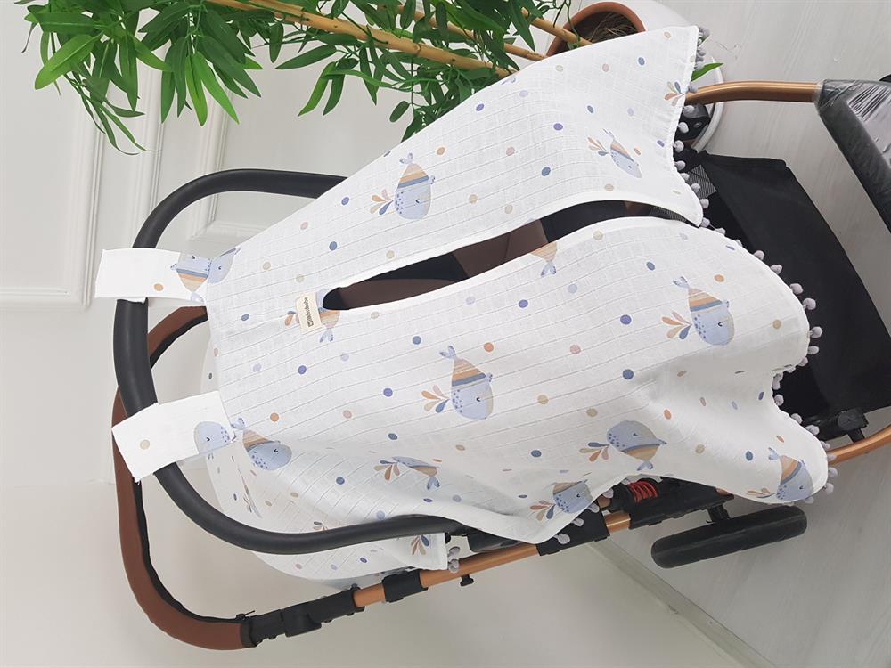 Balinalı Ponponlu Bebek Puset Örtüsü