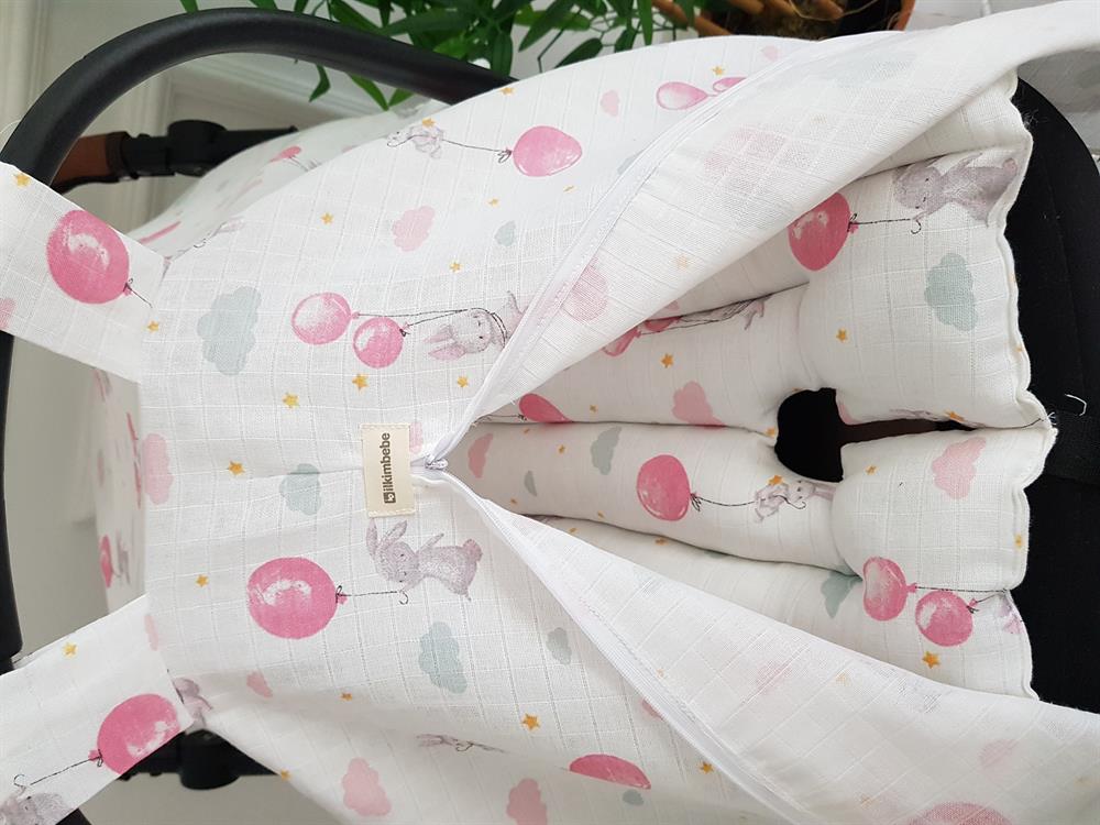 Balonlu Müslin Fermuarlı Bebek Puset Örtüsü ve Minderi