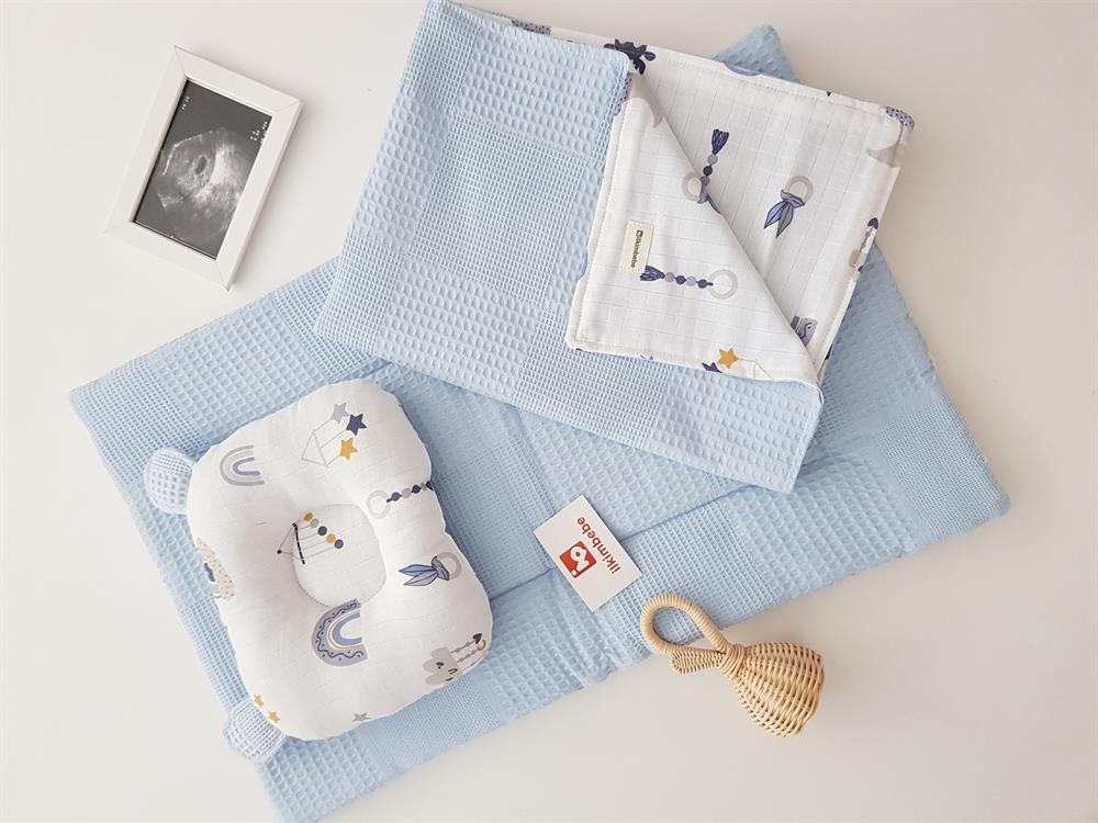 Bulut Desen Pike-Müslin Bebek Battaniyeli 3lü Alt Açma Seti