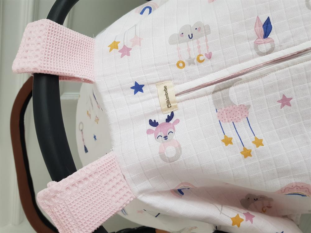 Bulut Desenli Pikeli Büyük Ponponlu Çift Taraflı Fermuarlı Bebek Puset Örtüsü