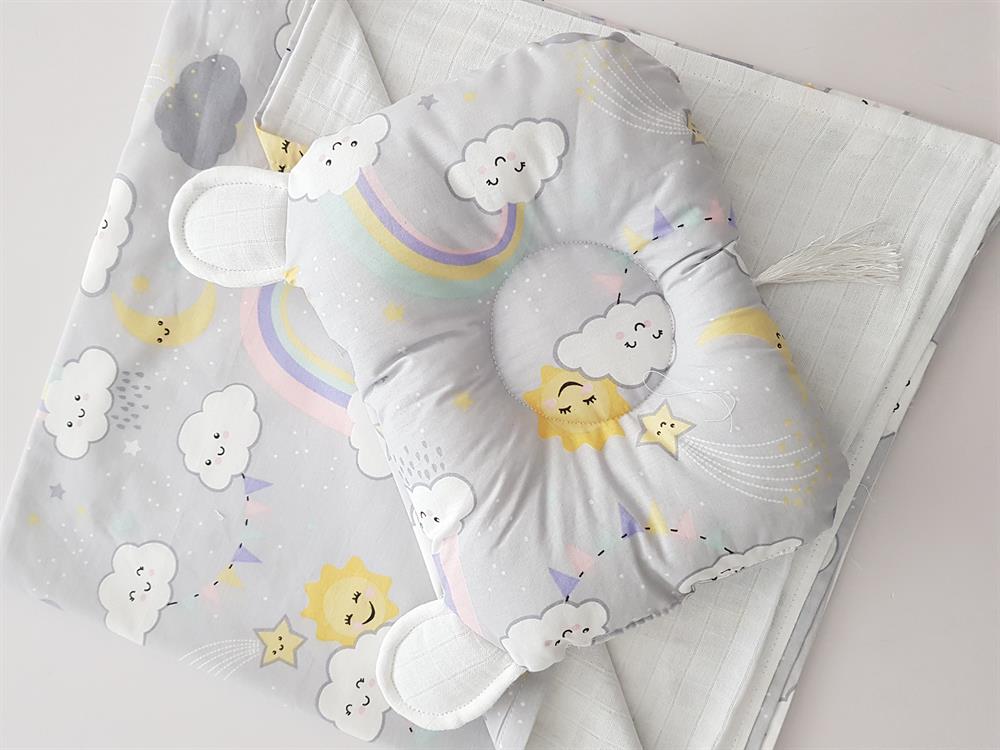Bulut Gökkuşağı Müslin Bebek Battaniyesi ve Kulaklı Yastık