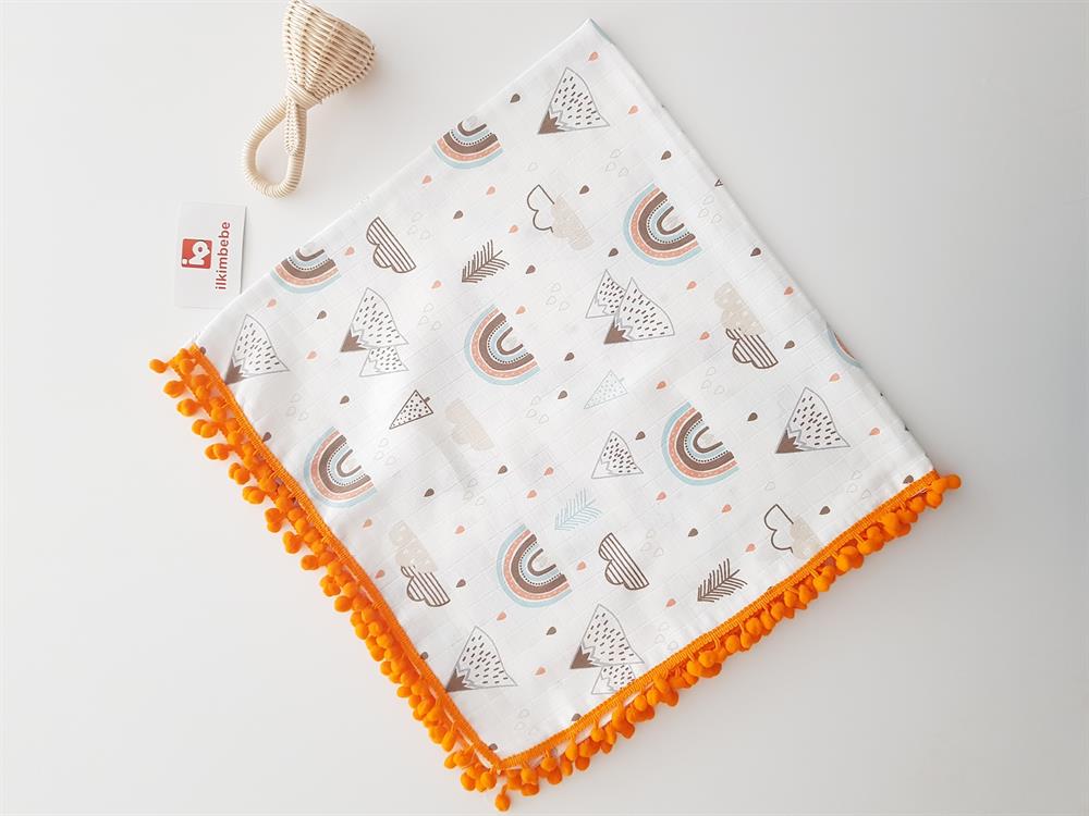 Bulut Gökkuşağı Ponponlu Müslin Bebek Battaniyesi 85x90