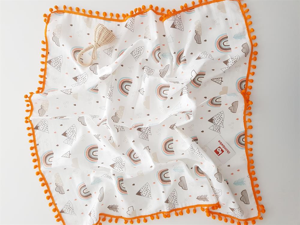 Bulut Gökkuşağı Ponponlu Müslin Bebek Battaniyesi 85x90