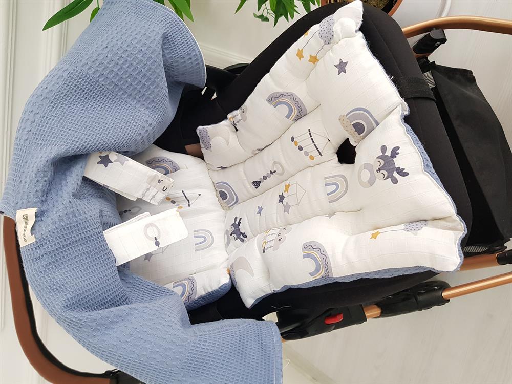 Bulutlu Çift Taraflı Bebek Puset Örtüsü , Puset Minderi