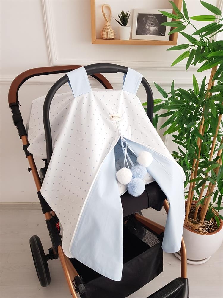 Puanlı Büyük Ponponlu Fermuarlı Bebek Puset Örtüsü ve Puanlı Puset Minderi