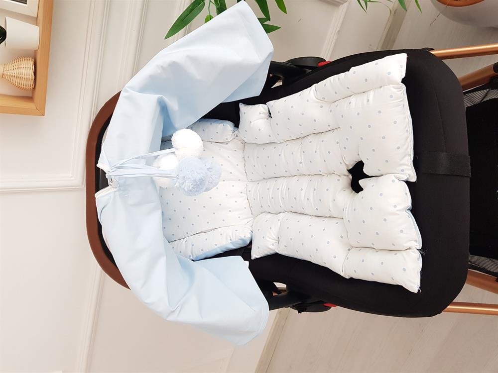 Puanlı Büyük Ponponlu Fermuarlı Bebek Puset Örtüsü ve Puanlı Puset Minderi