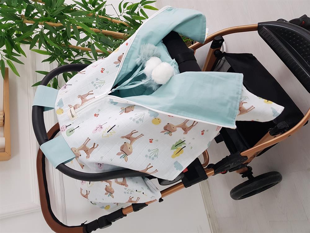 Ceylanlı Büyük Ponponlu Fermuarlı Bebek Puset Örtüsü ve Puset Minderi