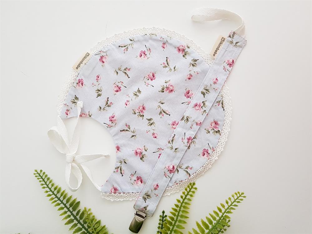 Çiçekli Çift Taraflı Bebek Önlük , Emzik Askısı Seti