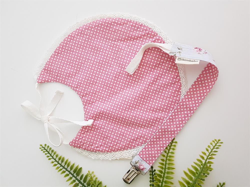 Çiçekli Çift Taraflı Bebek Önlük , Emzik Askısı Seti