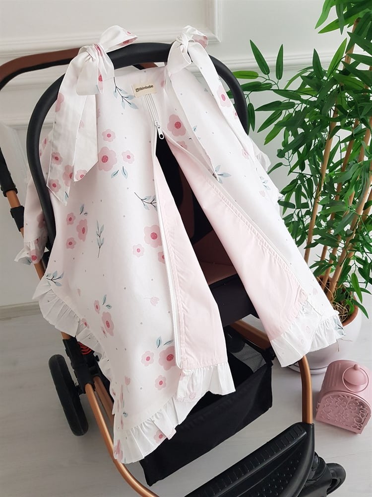 Çiçekli Fırfırlı Bebek Puset Örtüsü - Tek Katlı Puset Örtüsü