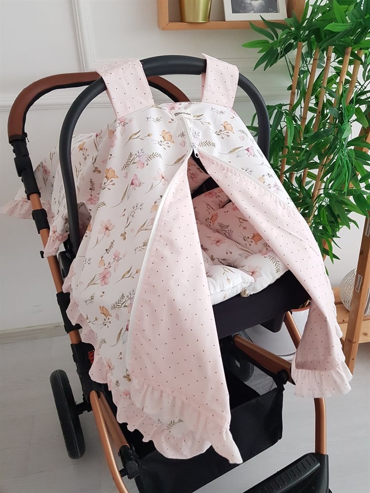 Çiçekli Fırfırlı Fermuarlı Bebek Puset Örtüsü ve Puset Minderi