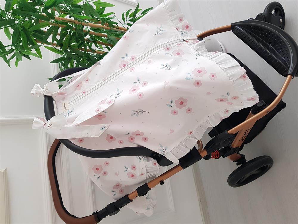 Çiçekli Fırfırlı Fermuarlı Bebek Puset Örtüsü ve Puset Minderi