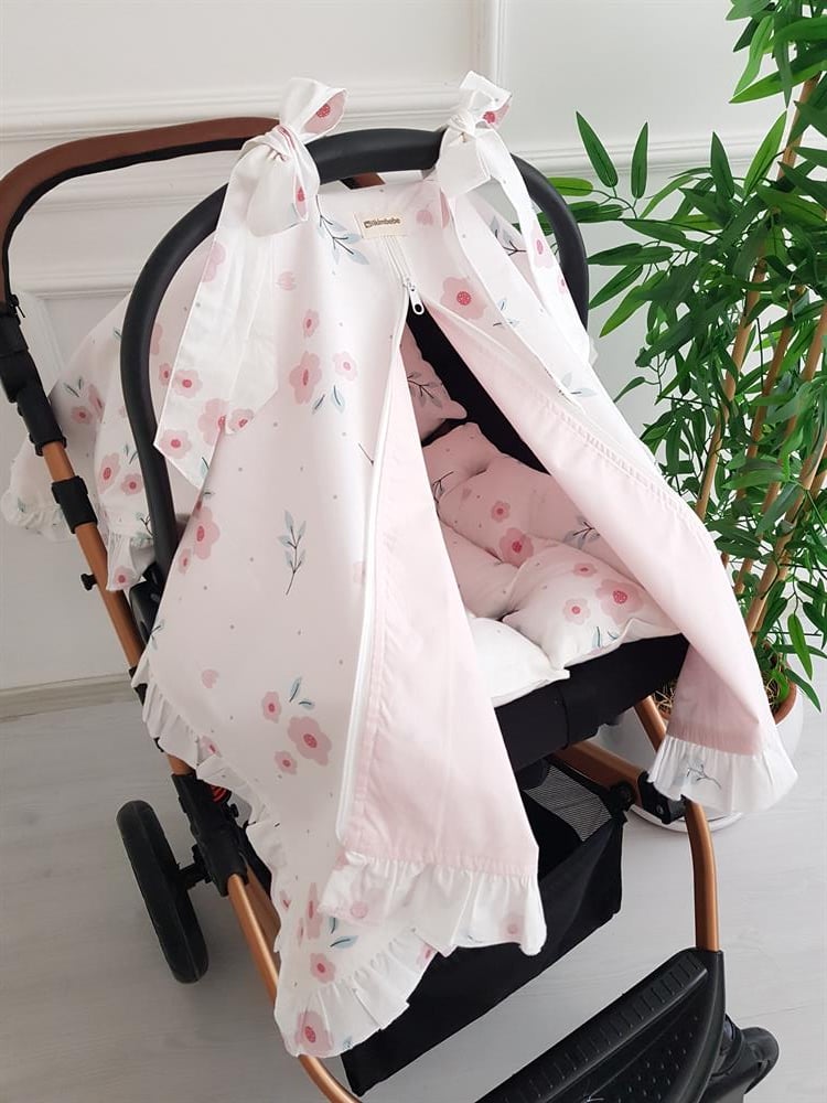 Çiçekli Fırfırlı Fermuarlı Bebek Puset Örtüsü ve Puset Minderi