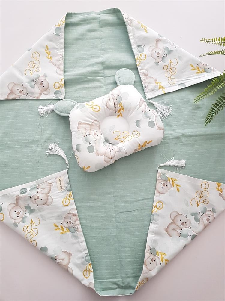 Çiçekli Koala Müslin Bebek Battaniyesi ve Kulaklı Yastık