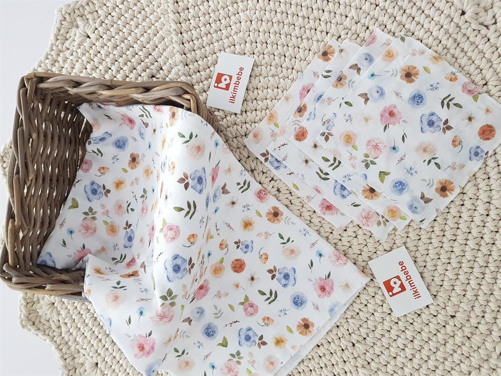 Çiçekli Müslin Bebek Battaniyesi Mendil Seti 85x90