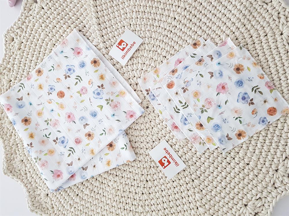 Çiçekli Müslin Bebek Battaniyesi Mendil Seti 85x90