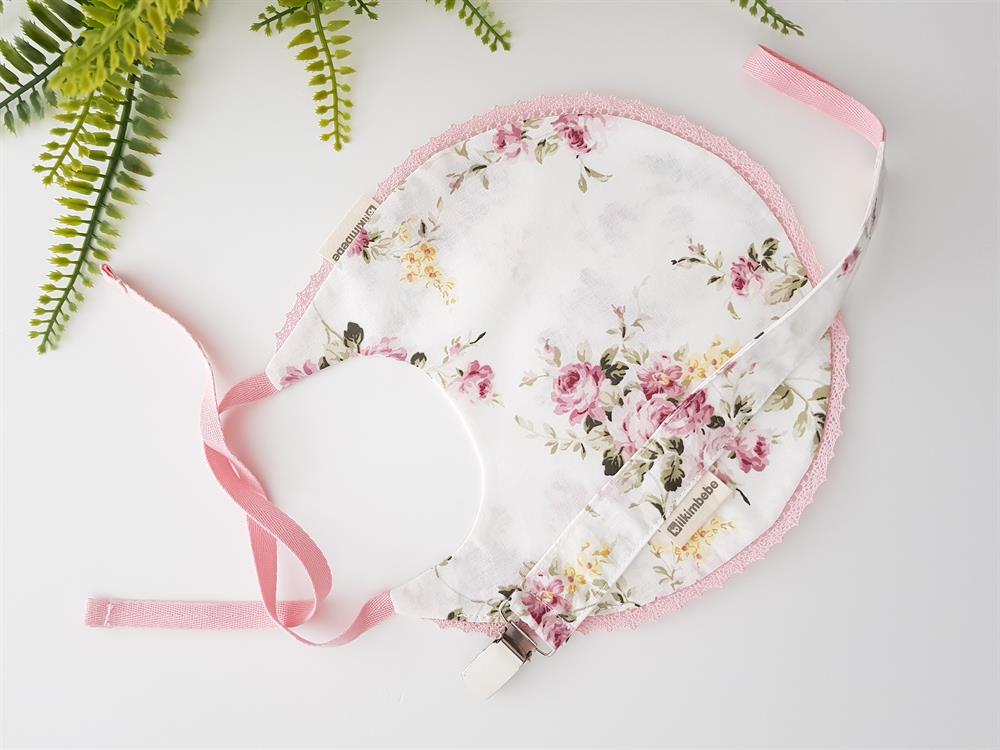 Çiçekli Bebek Önlük , Emzik Askısı Seti