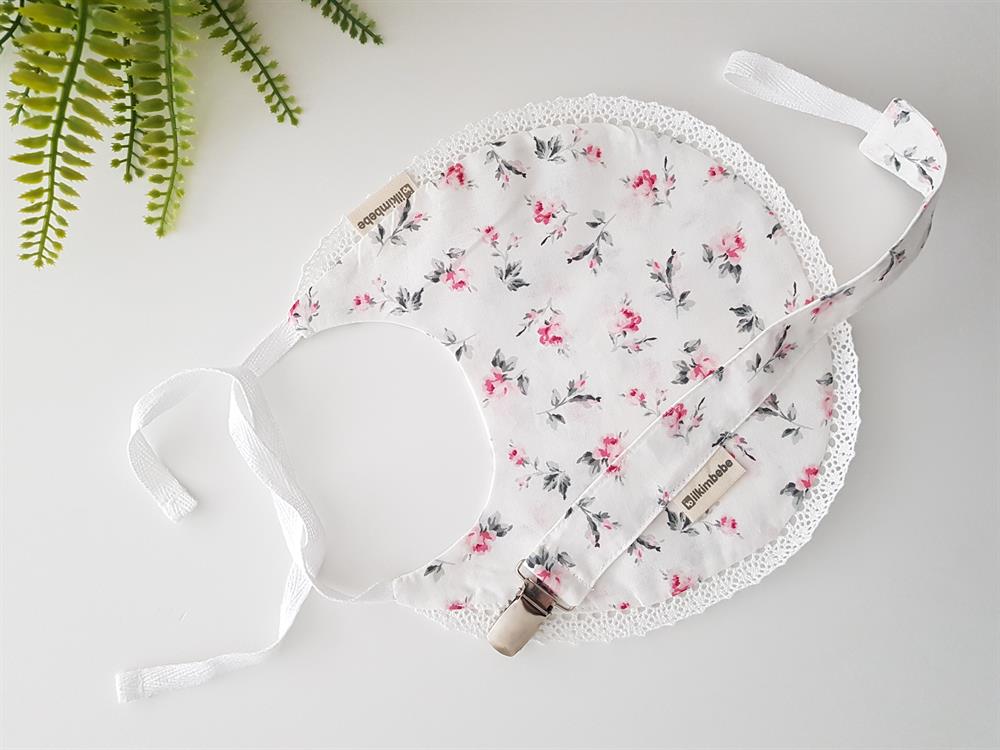 Çiçekli Bebek Önlük , Emzik Askısı Seti