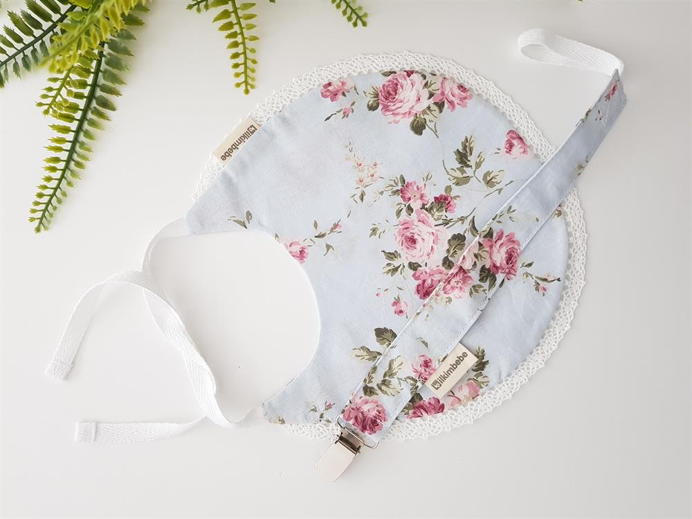 Çiçekli Bebek Önlük , Emzik Askısı Seti