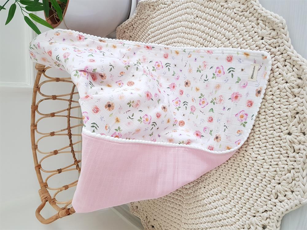 Çiçekli Ponponlu Çift Katlı Müslin Bebek Battaniyesi 85x90