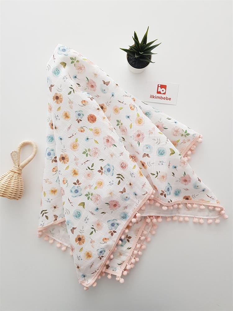 Çiçekli Ponponlu Müslin Bebek Battaniyesi 85x90