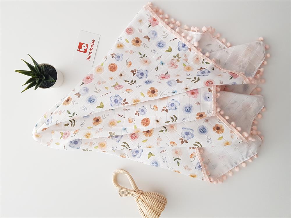 Çiçekli Ponponlu Müslin Bebek Battaniyesi 85x90
