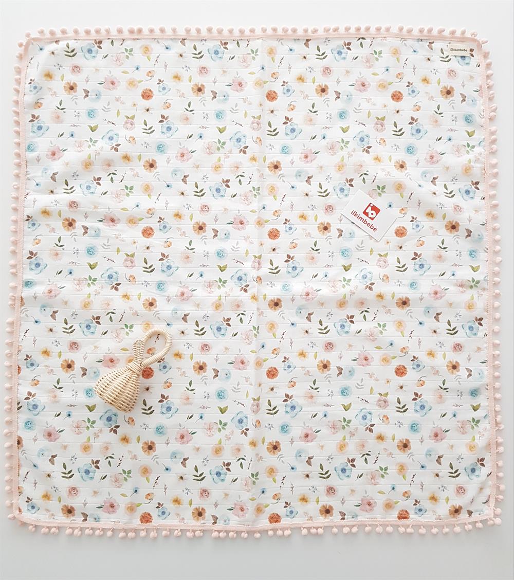 Çiçekli Ponponlu Müslin Bebek Battaniyesi 85x90