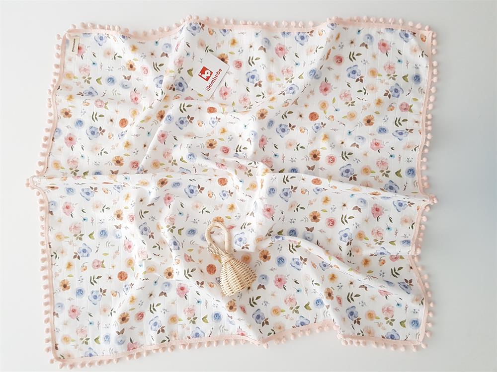 Çiçekli Ponponlu Müslin Bebek Battaniyesi 85x90