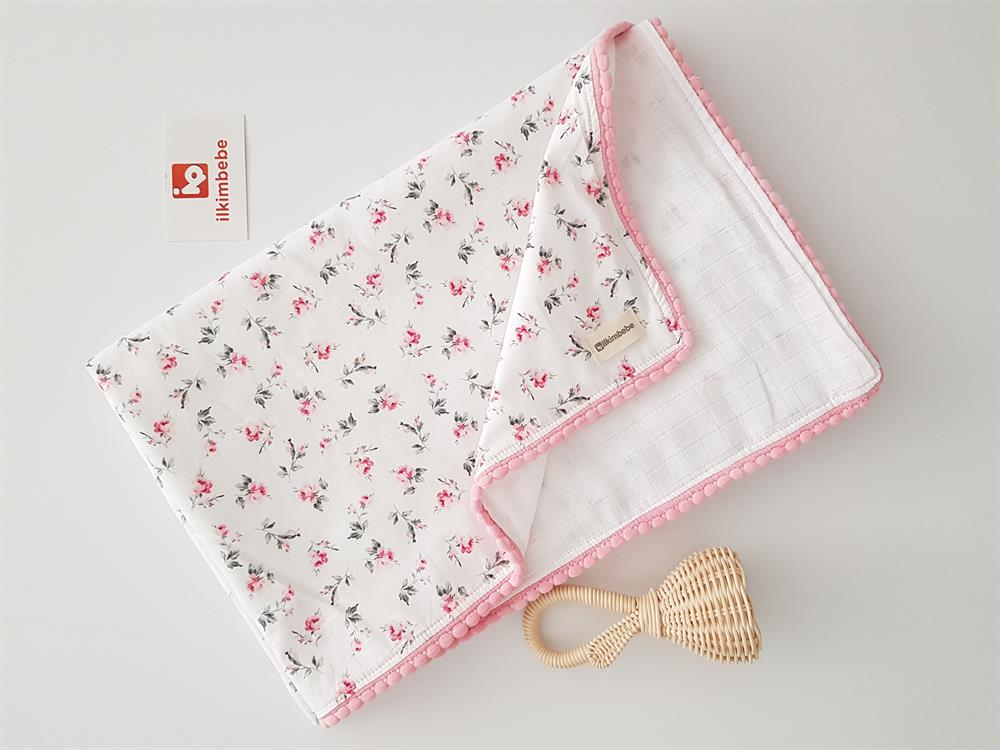 Çiçekli Ponponlu Çift Katlı Bebek Battaniyesi 85x90