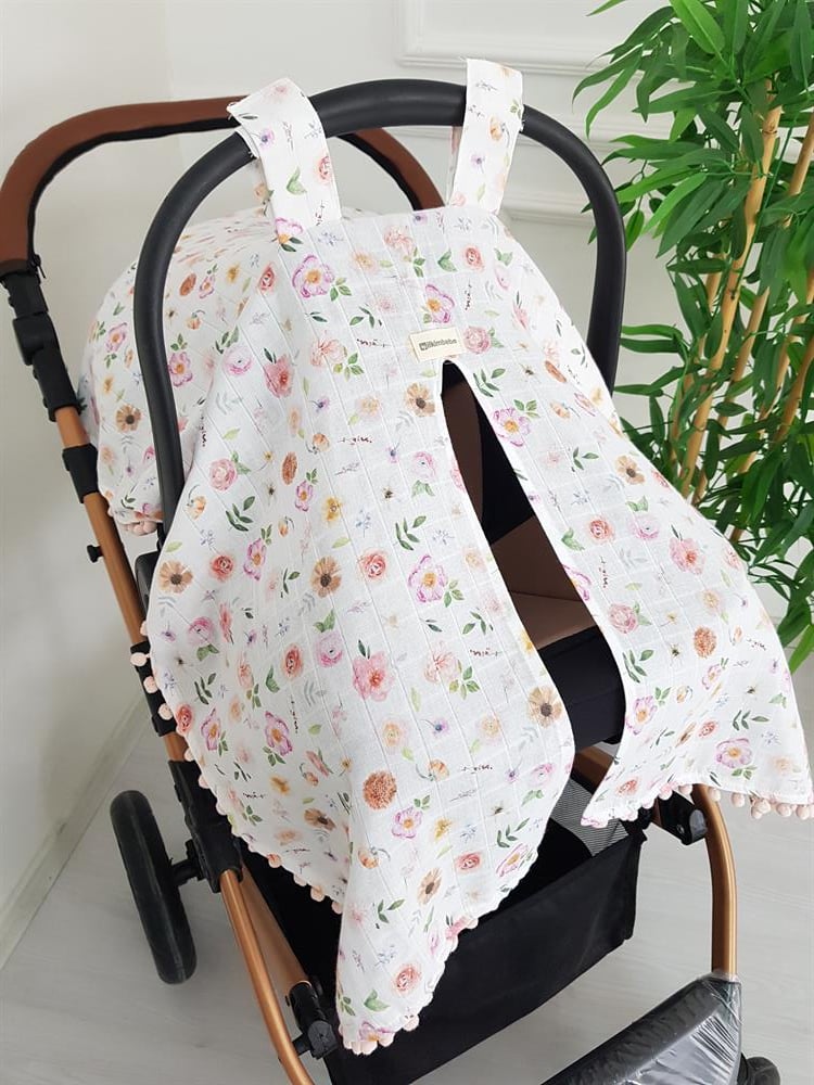 Çiçekli Ponponlu Bebek Puset Örtüsü