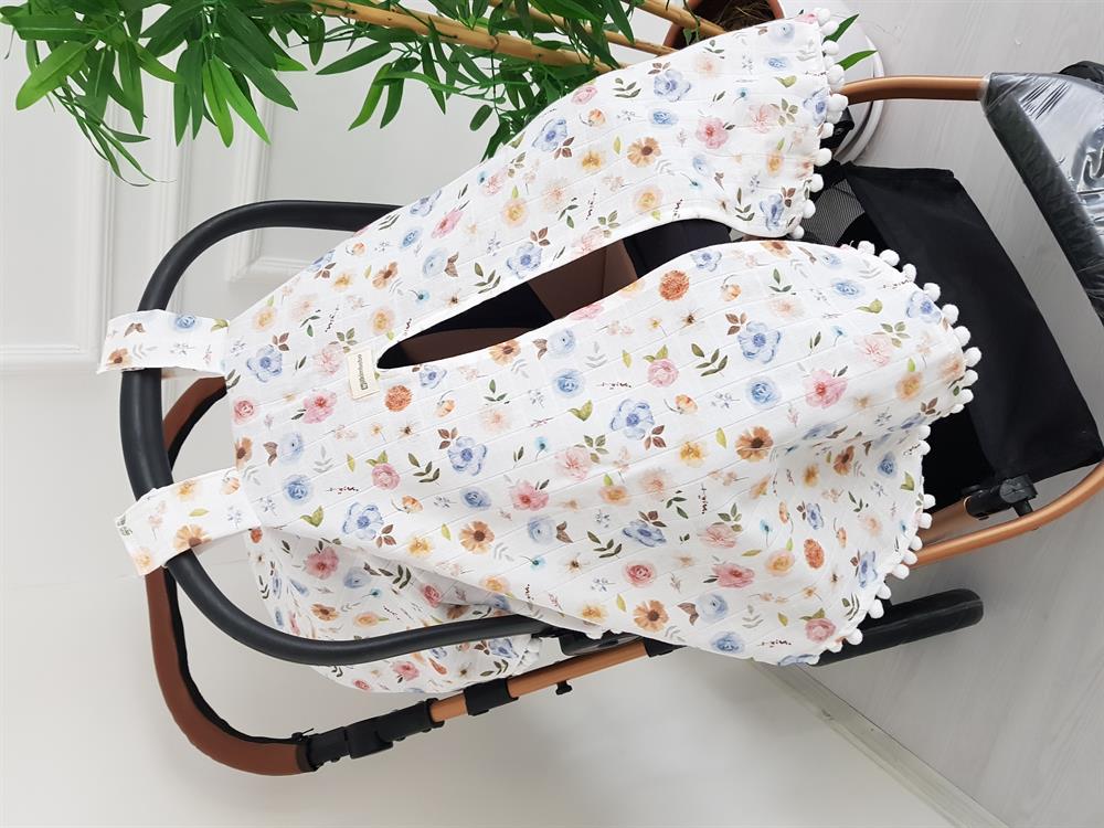 Çiçekli Ponponlu Bebek Puset Örtüsü