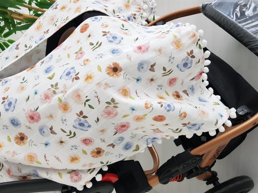 Çiçekli Ponponlu Bebek Puset Örtüsü
