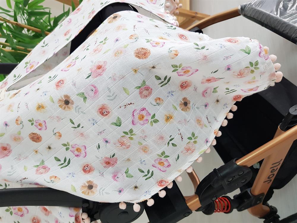 Çiçekli Ponponlu Bebek Puset Örtüsü