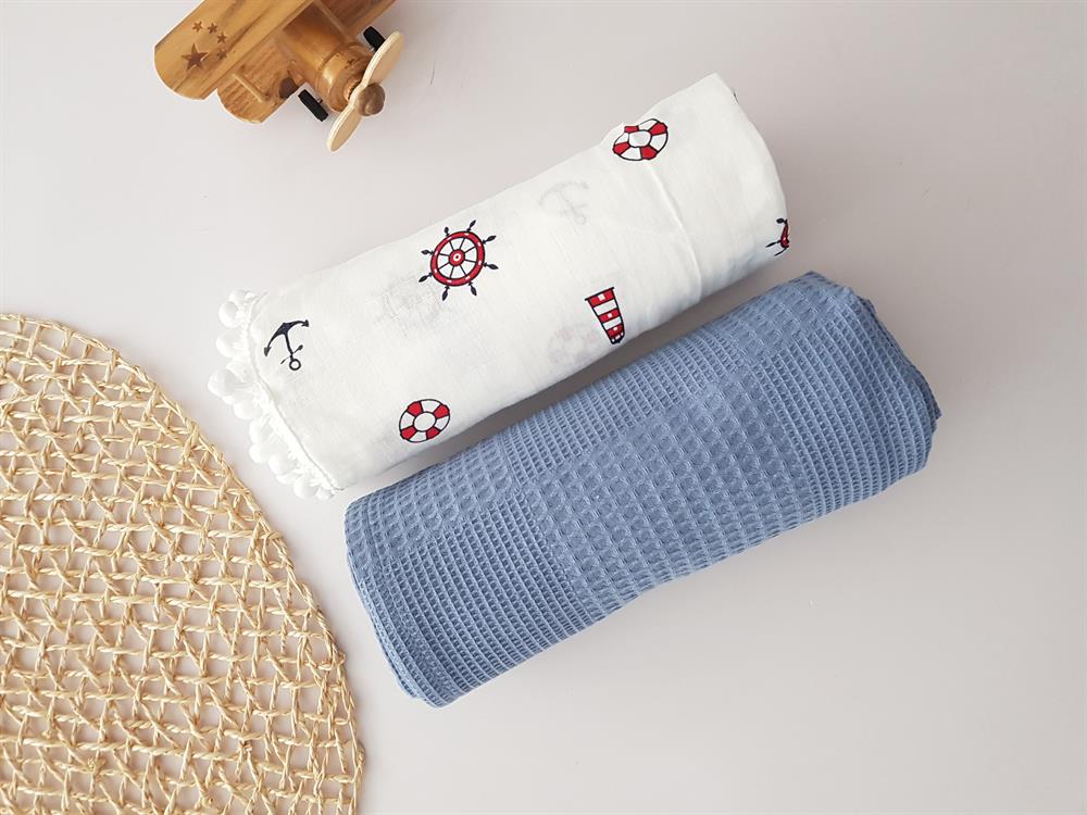 Denizci Müslin Pike 2li Bebek Battaniyesi