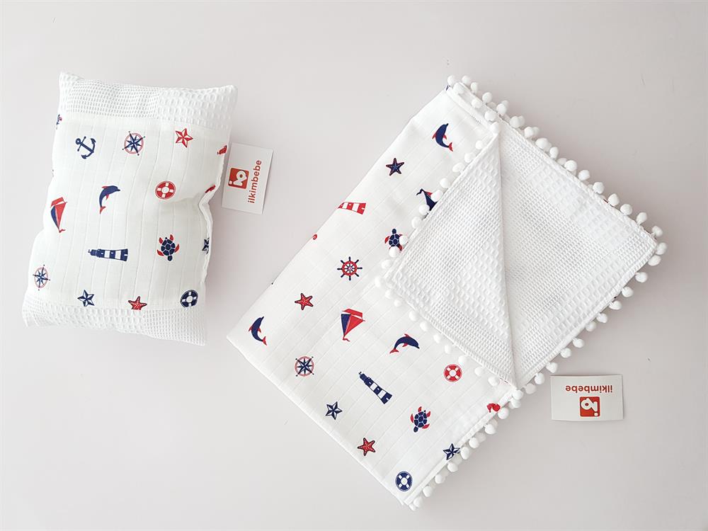 Denizci Pikeli Bebek Battaniyesi ve Yastık Seti 85x90